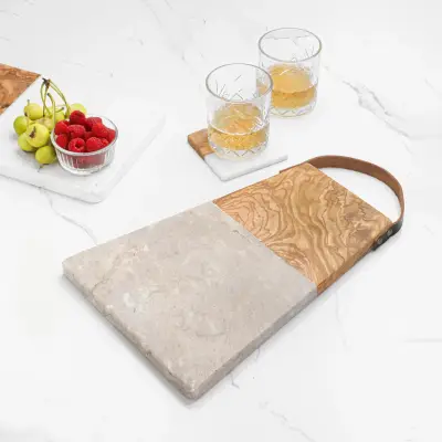 olive wood gray marble and wood cutting board with leather handle