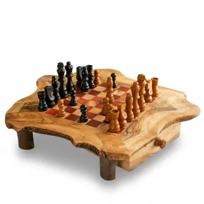 olive wood irregular shape rustic chess board with rustic legs and drawers (red squares)