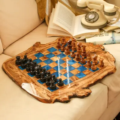 olive wood wood and resin rustic chess board (blue squares)