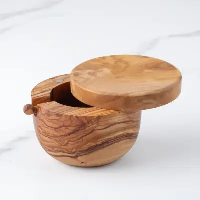 olive wood salt cellar with magnetic lid and spoon