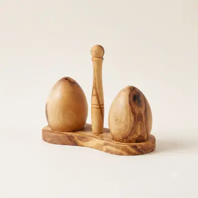 olive wood egg shape salt and pepper shakers with holder