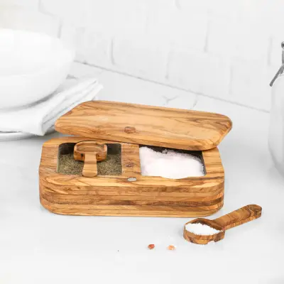 olive wood divided salt cellar with spoons and magnetic lid