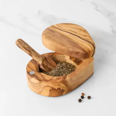 olive wood salt cellar with pivoting lid and spoon