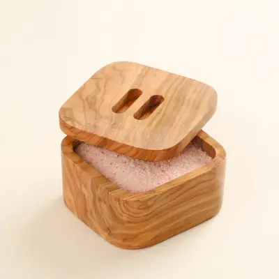 olive wood square spice box with lift-off lid