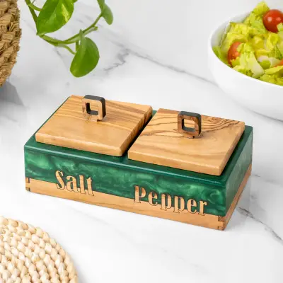 olive wood wood and green resin salt and pepper box