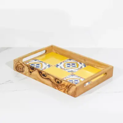 olive wood wood and ceramic rectangular tray with handles