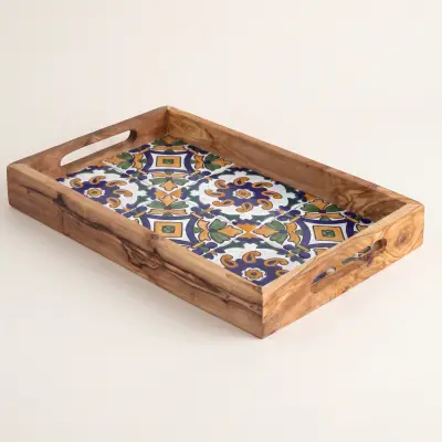 olive wood wood and ceramic rectangular tray with handles