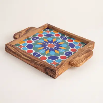 olive wood wood and ceramic square tray