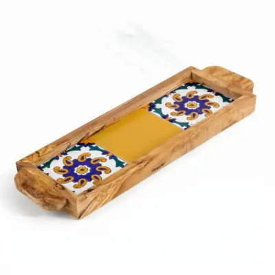 olive wood wood and ceramic rectangular tray