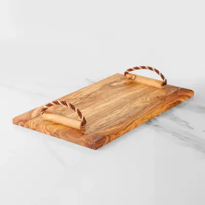 olive wood rectangular serving tray with rope handles