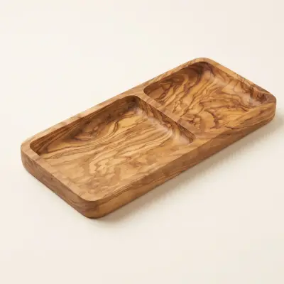 olive wood catch-all tray with two compartments