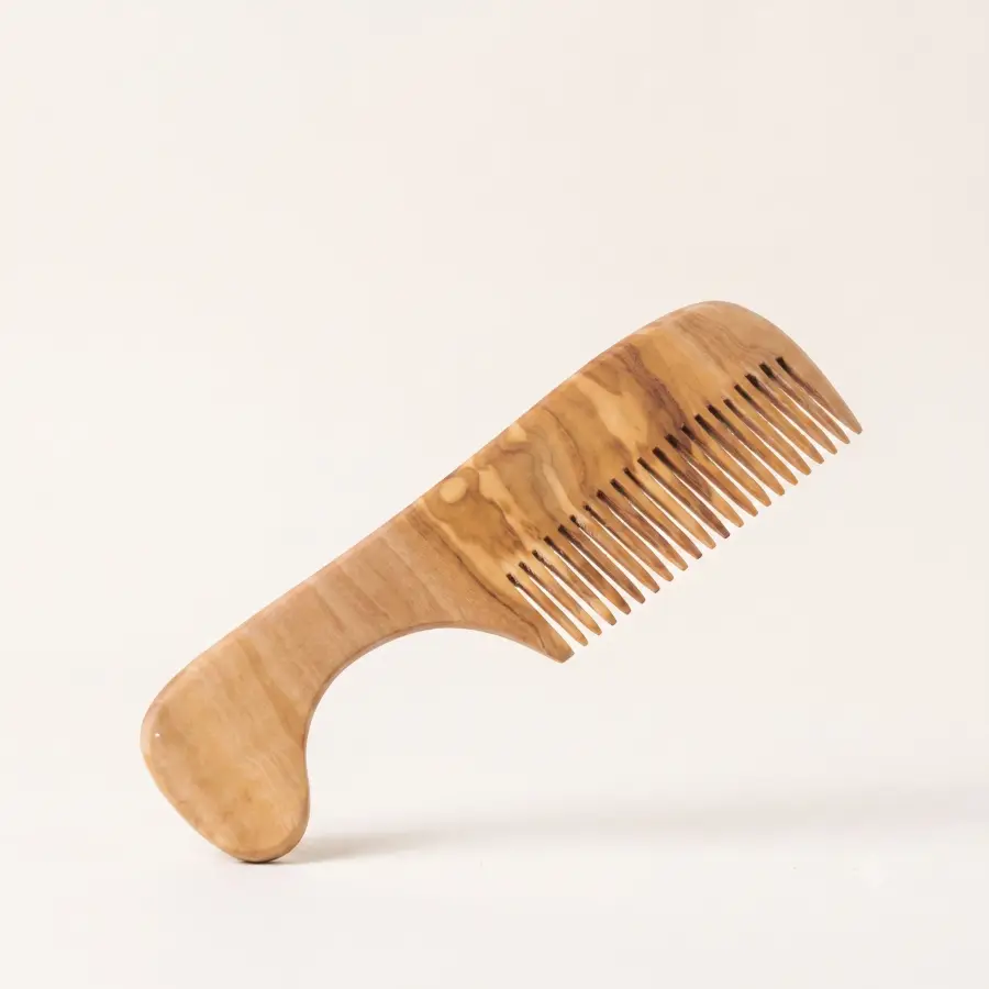 olive wood hair comb with handle