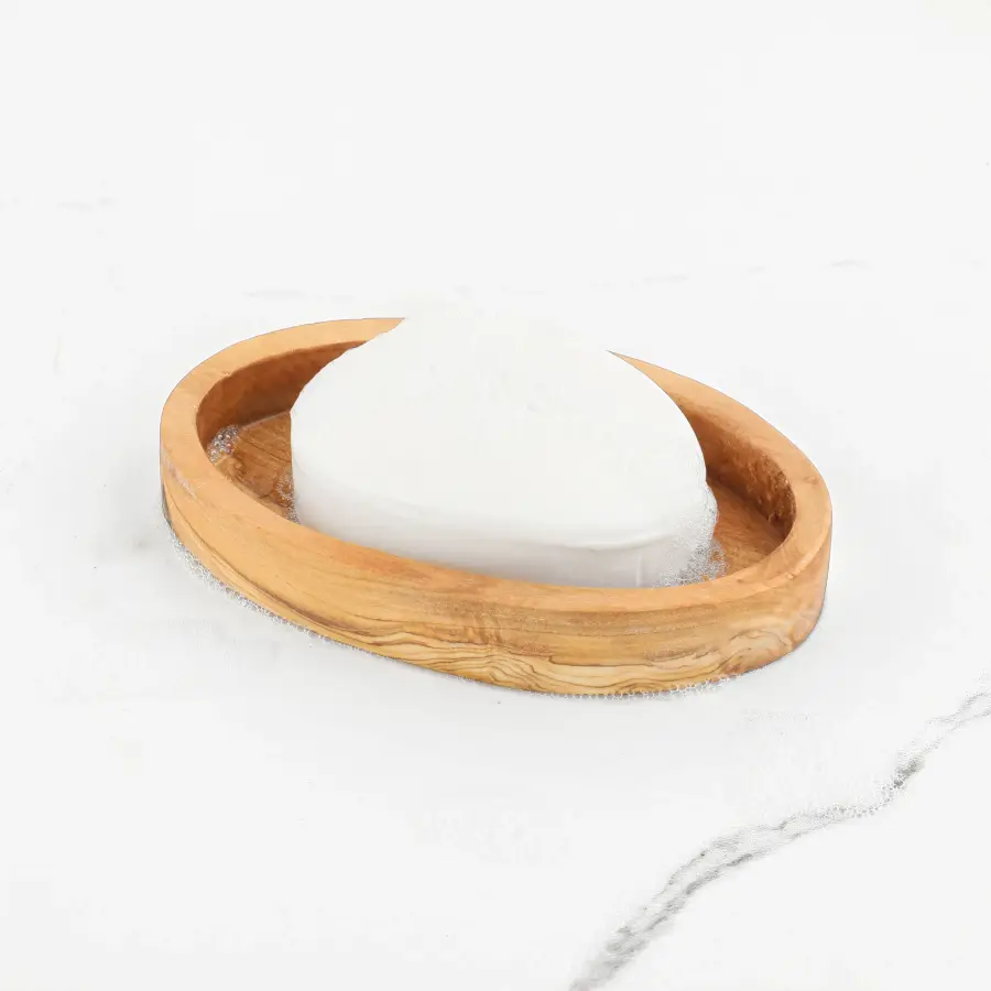 olive wood oval shape slotted soap holder