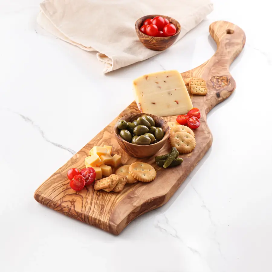 olive wood irregular shape cutting board with handle