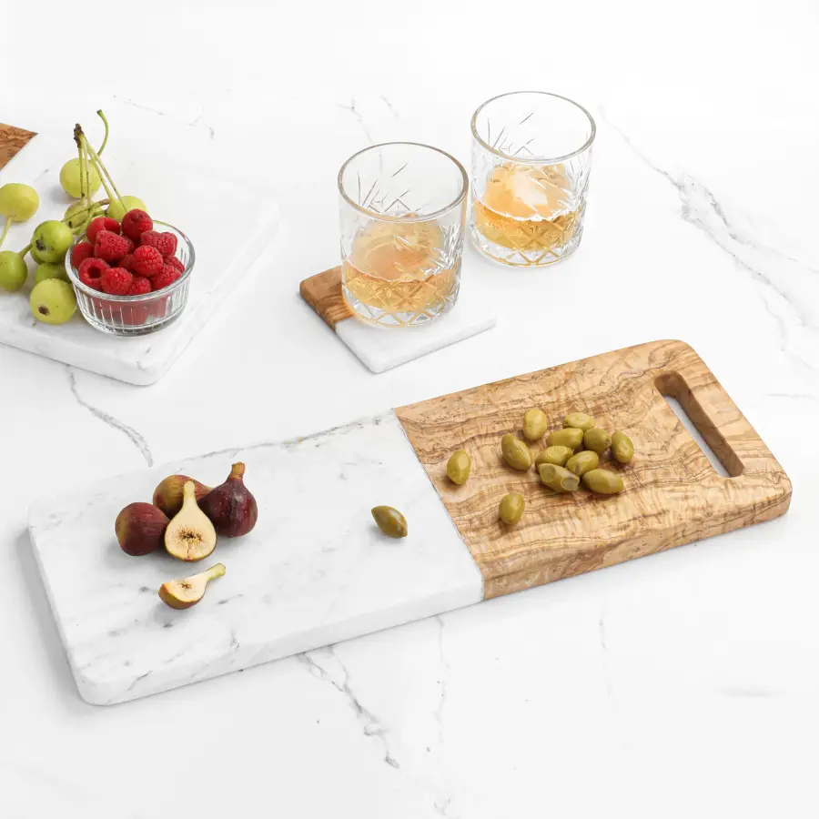 olive wood marble and wood rectangular cutting board