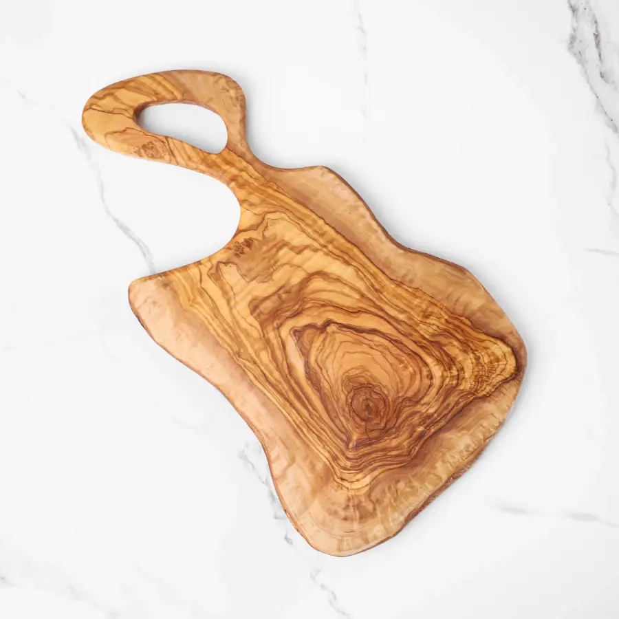 olive wood irregular shape cutting board with handle