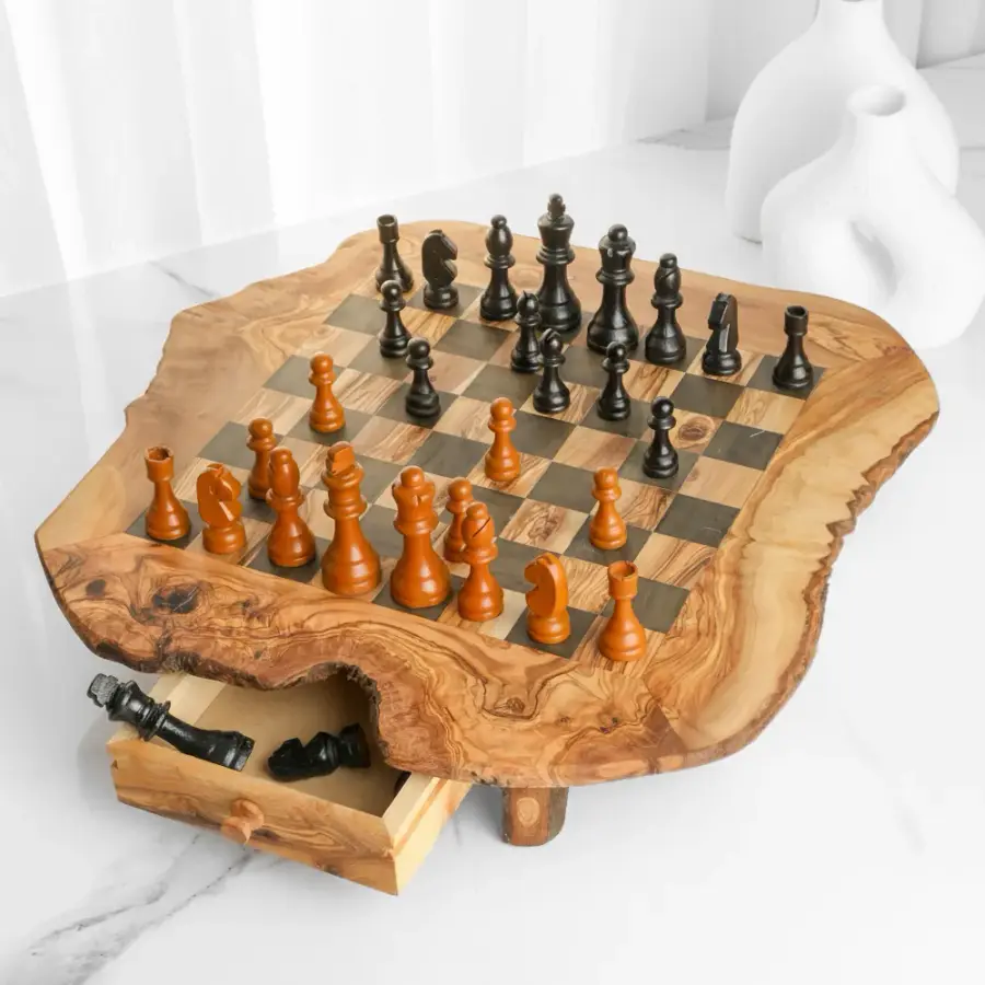 olive wood irregular shape rustic chess board with rustic legs and drawers (black squares)