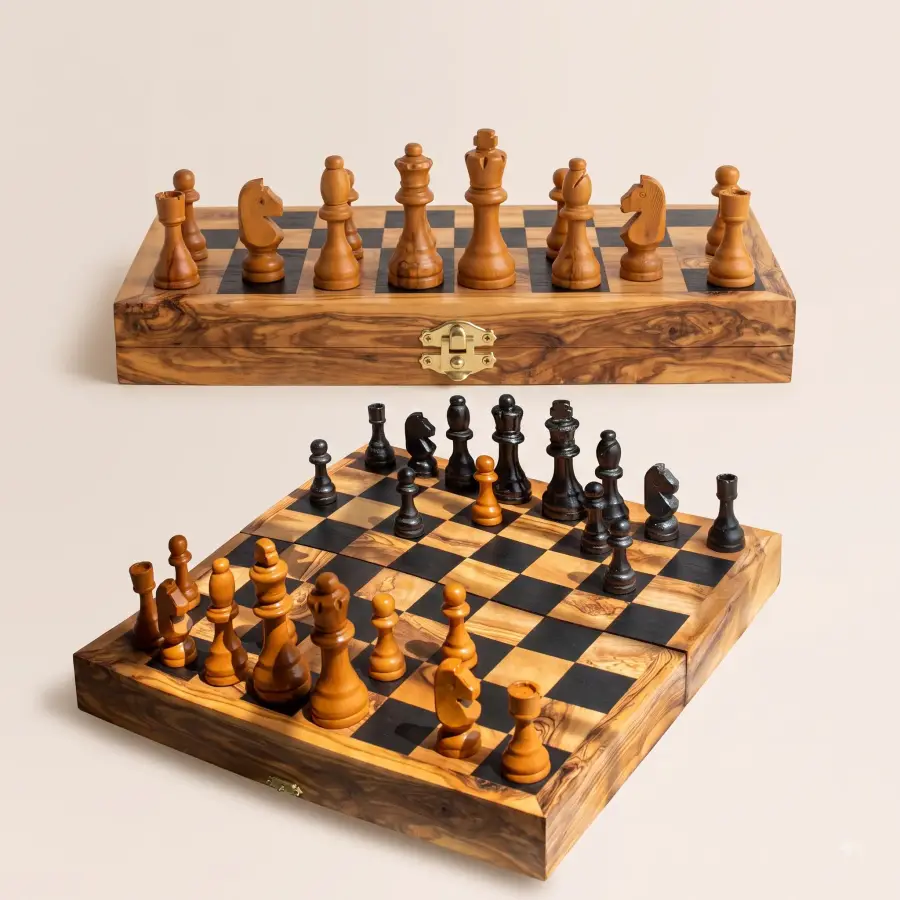 olive wood foldable travel chess set (black squares)