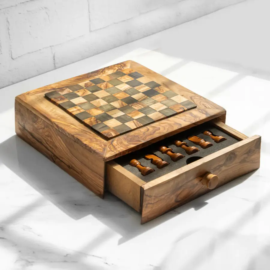 olive wood square chess set with drawer