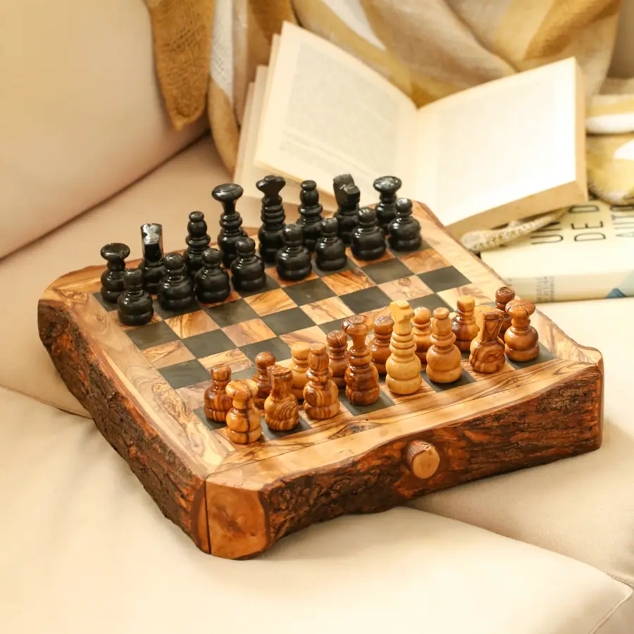 olive wood irregular shape rustic chess set with storage drawer