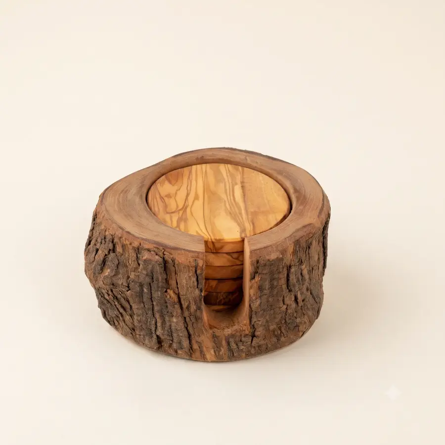 olive wood set of 6 round coasters with rustic holder