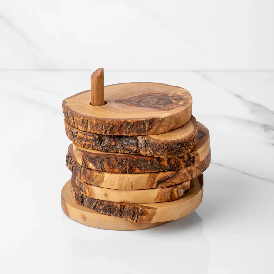 olive wood set of 6 rustic coasters with holder