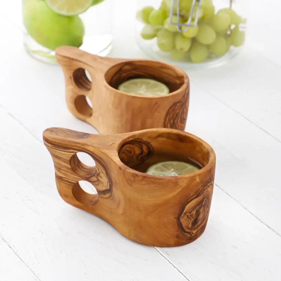 olive wood outdoor kuksa cup with 2 holes handle
