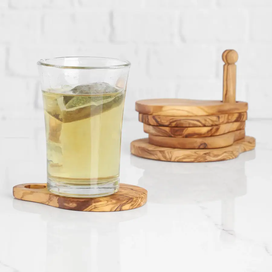 olive wood set of 5 coasters with holder