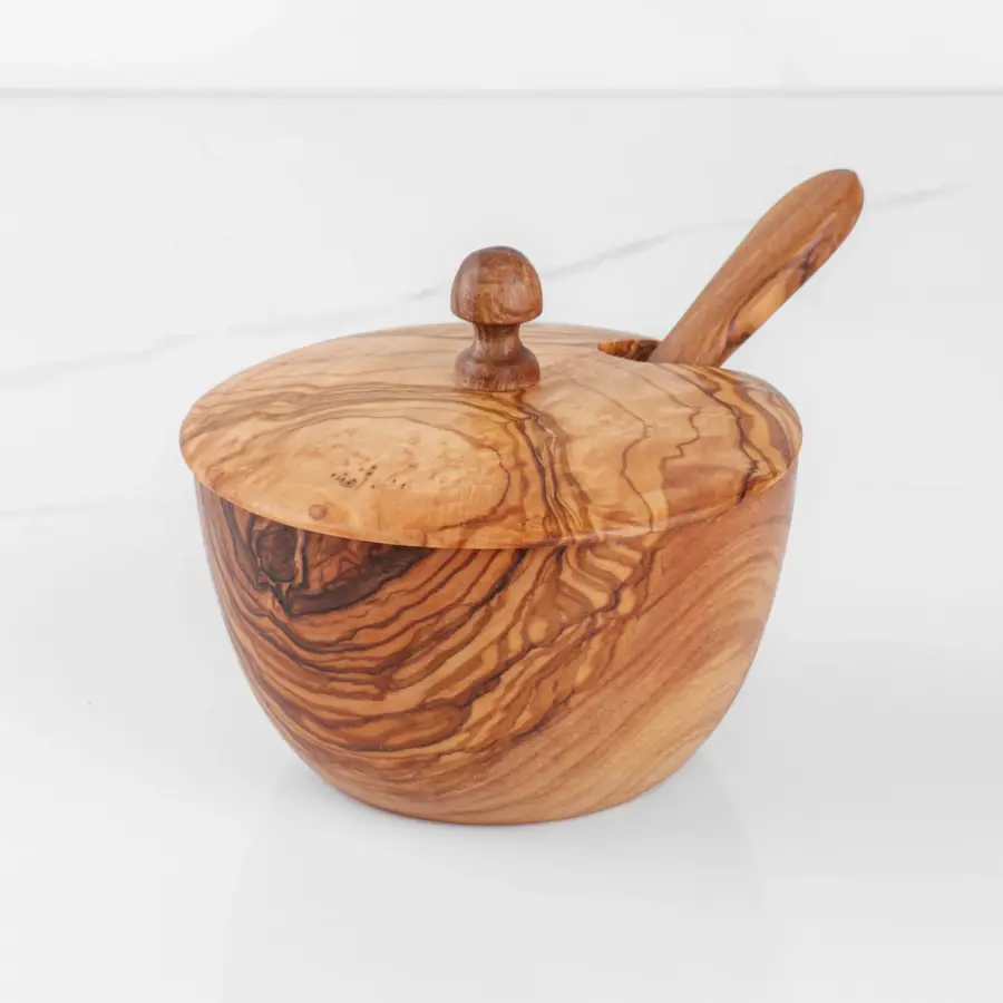 olive wood spice jar with lift-off lid and spoon