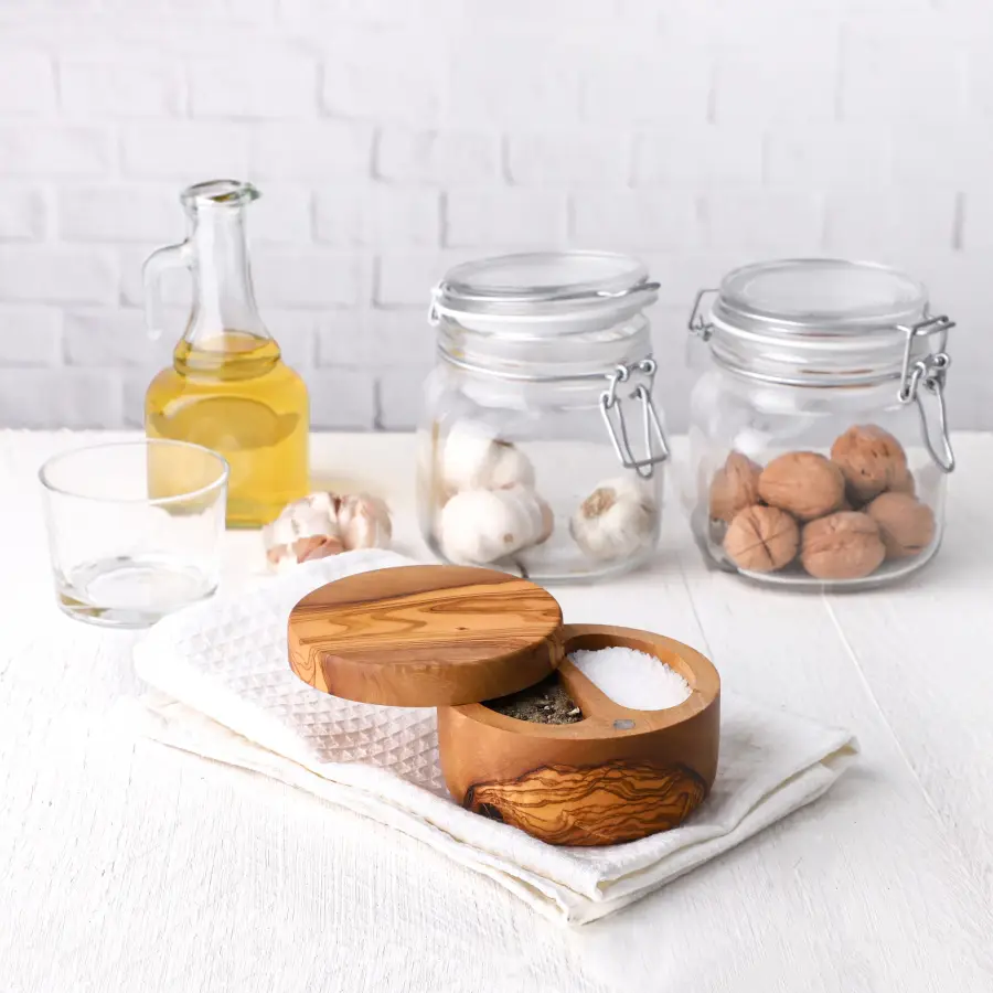 olive wood divided salt and pepper cellar with magnetic lid