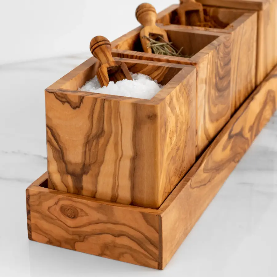 olive wood spice rack with set of 4 spice boxes