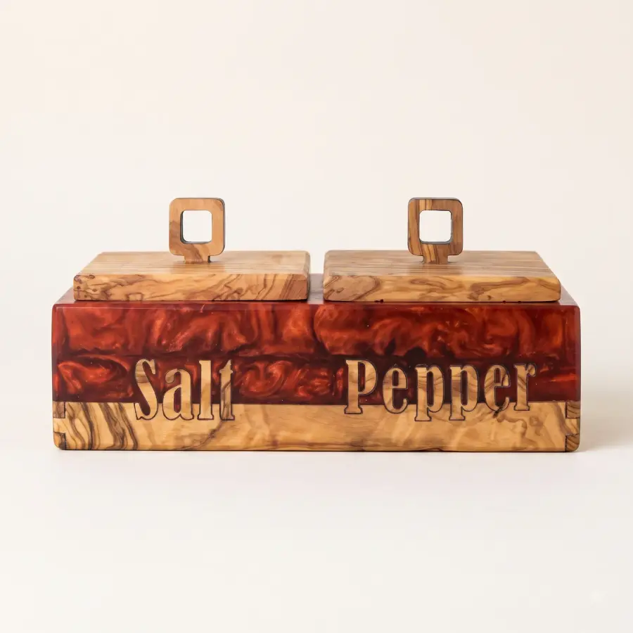 olive wood wood and red resin salt and pepper box
