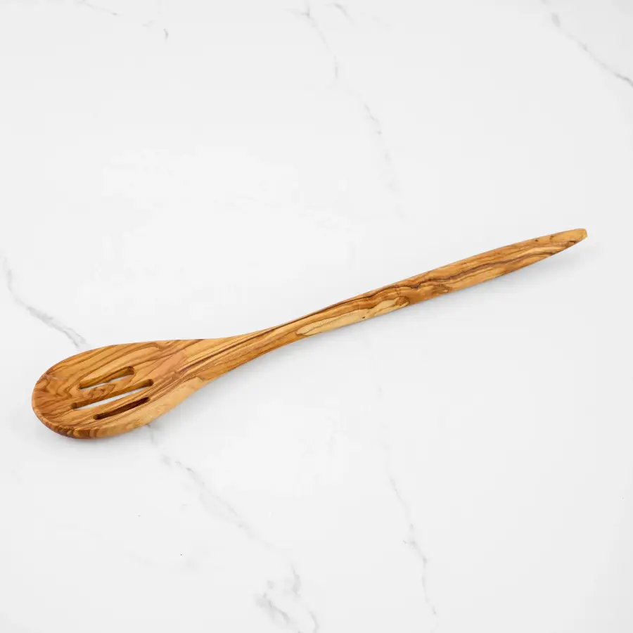 olive wood slotted spoon with acute handle