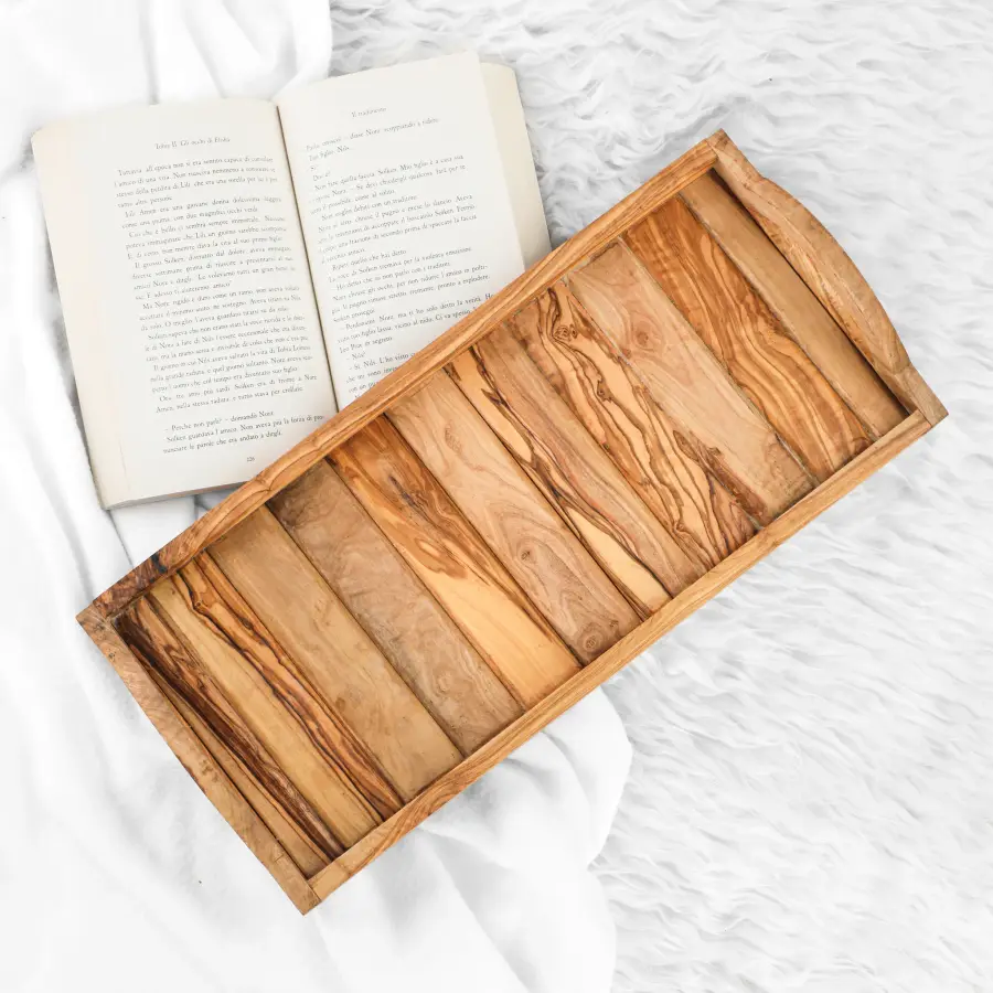 olive wood rectangular serving tray with round handles