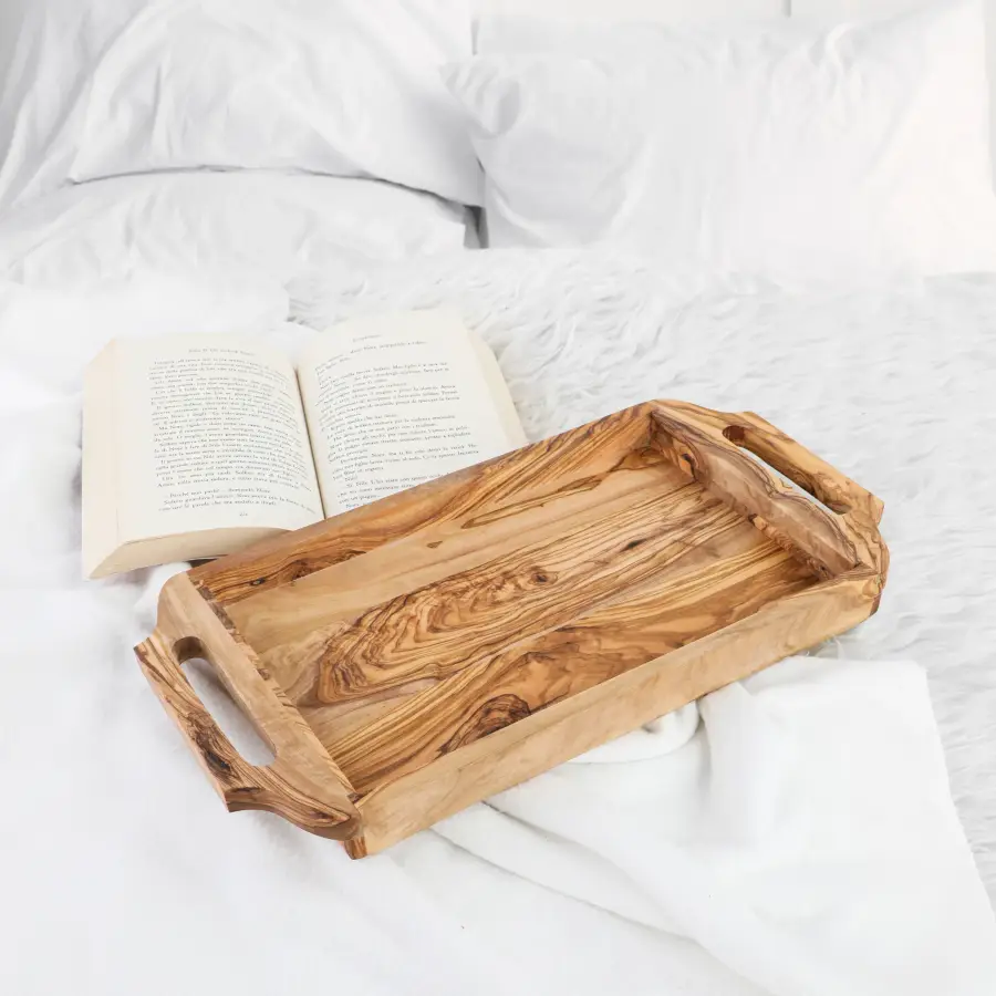 olive wood rectangular serving tray with square handles
