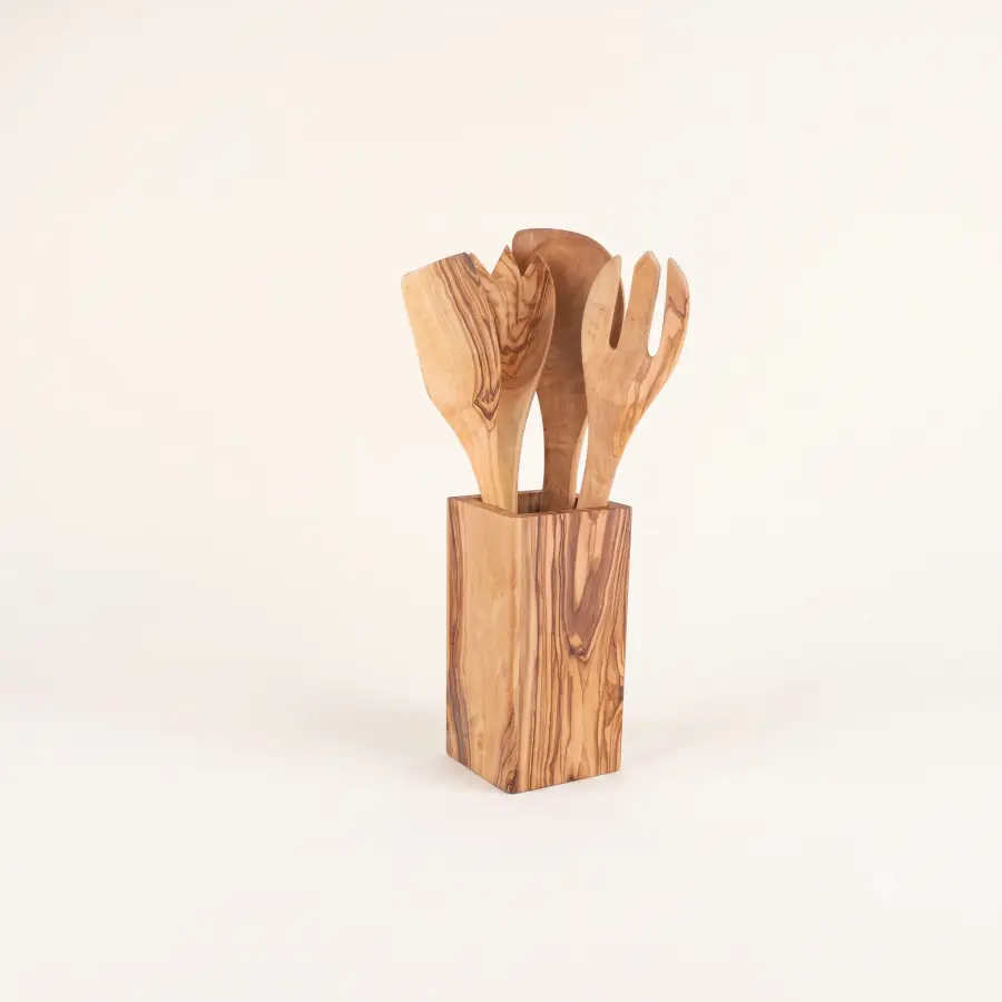 olive wood rectangular upright kitchen utensils holder - laminated (holder only)
