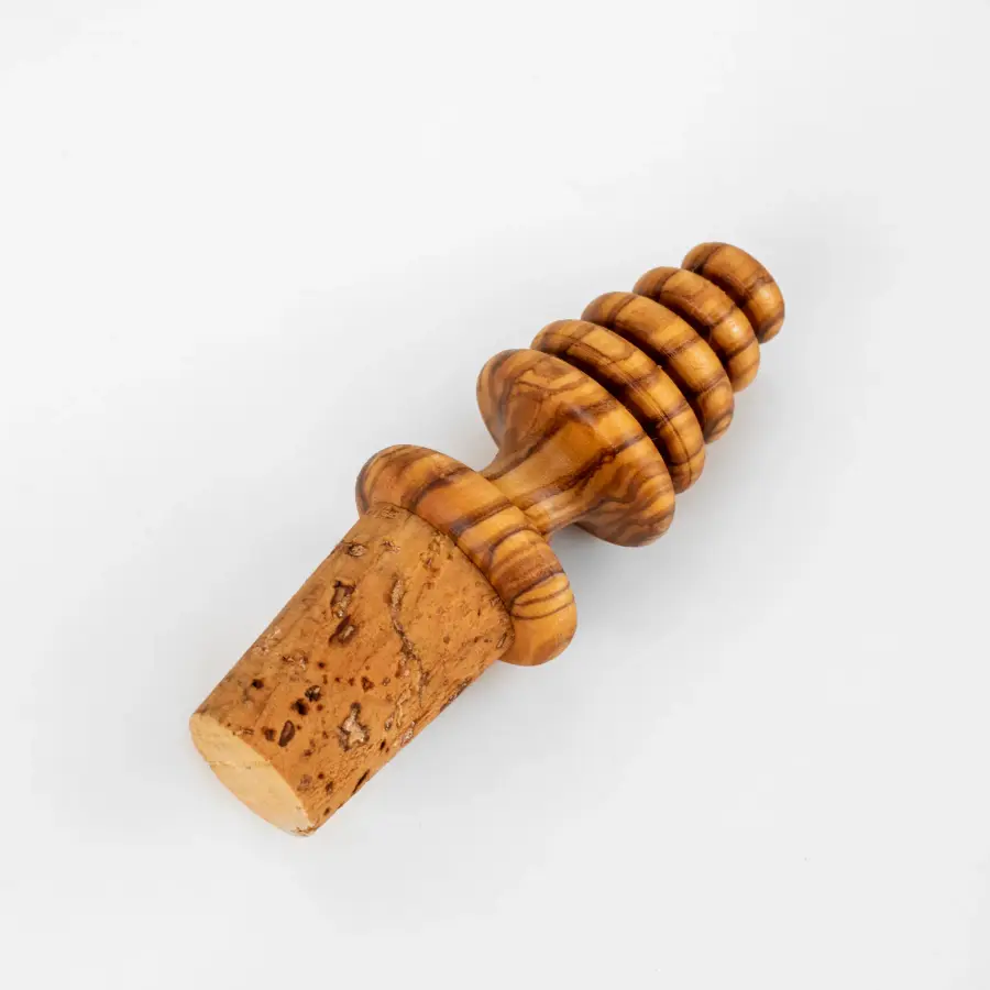 olive wood turned shape bottle stoppers with cork inserts