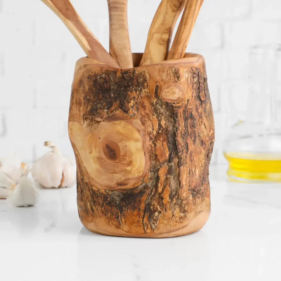 olive wood rustic utensils holder for 4 spoons (holder only)