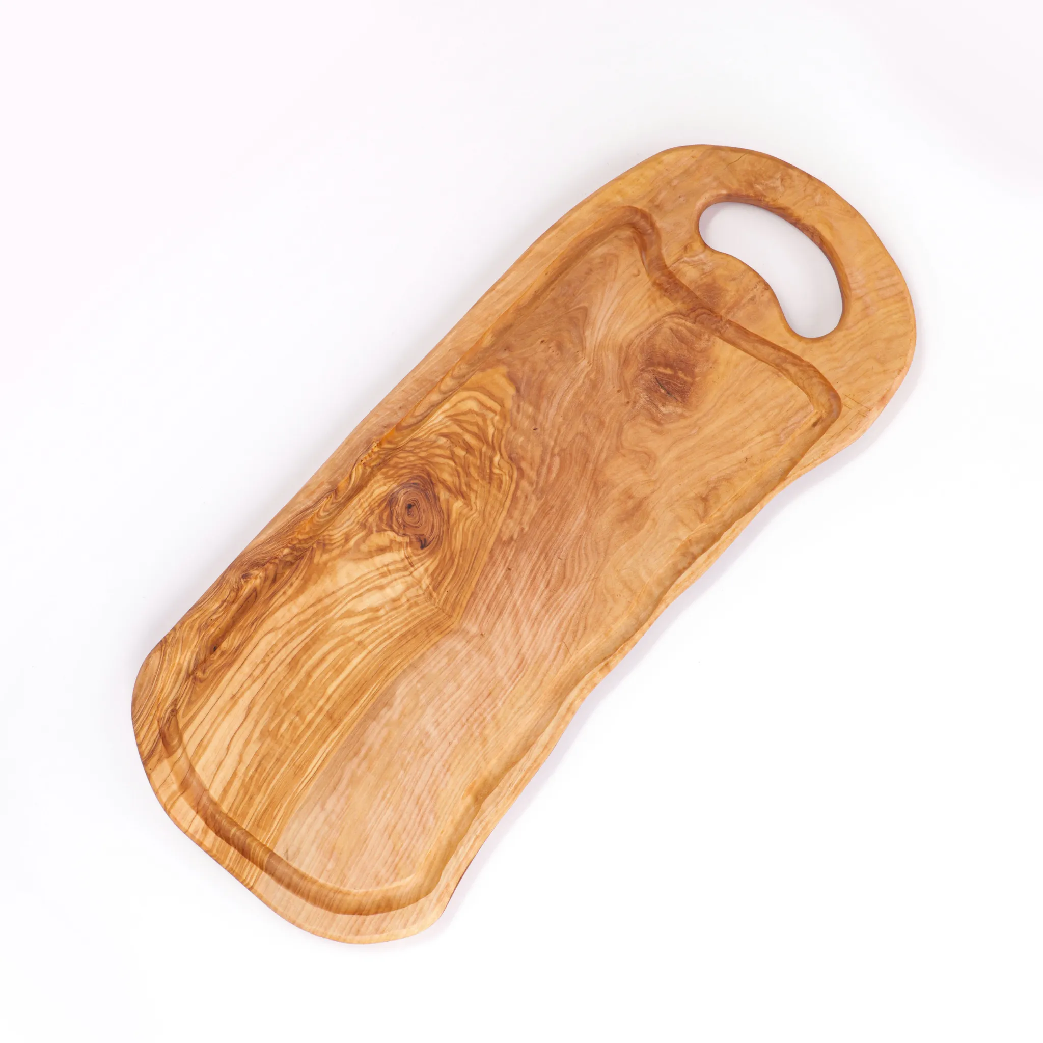 olive wood irregular shape cutting board with juice groove and handle
