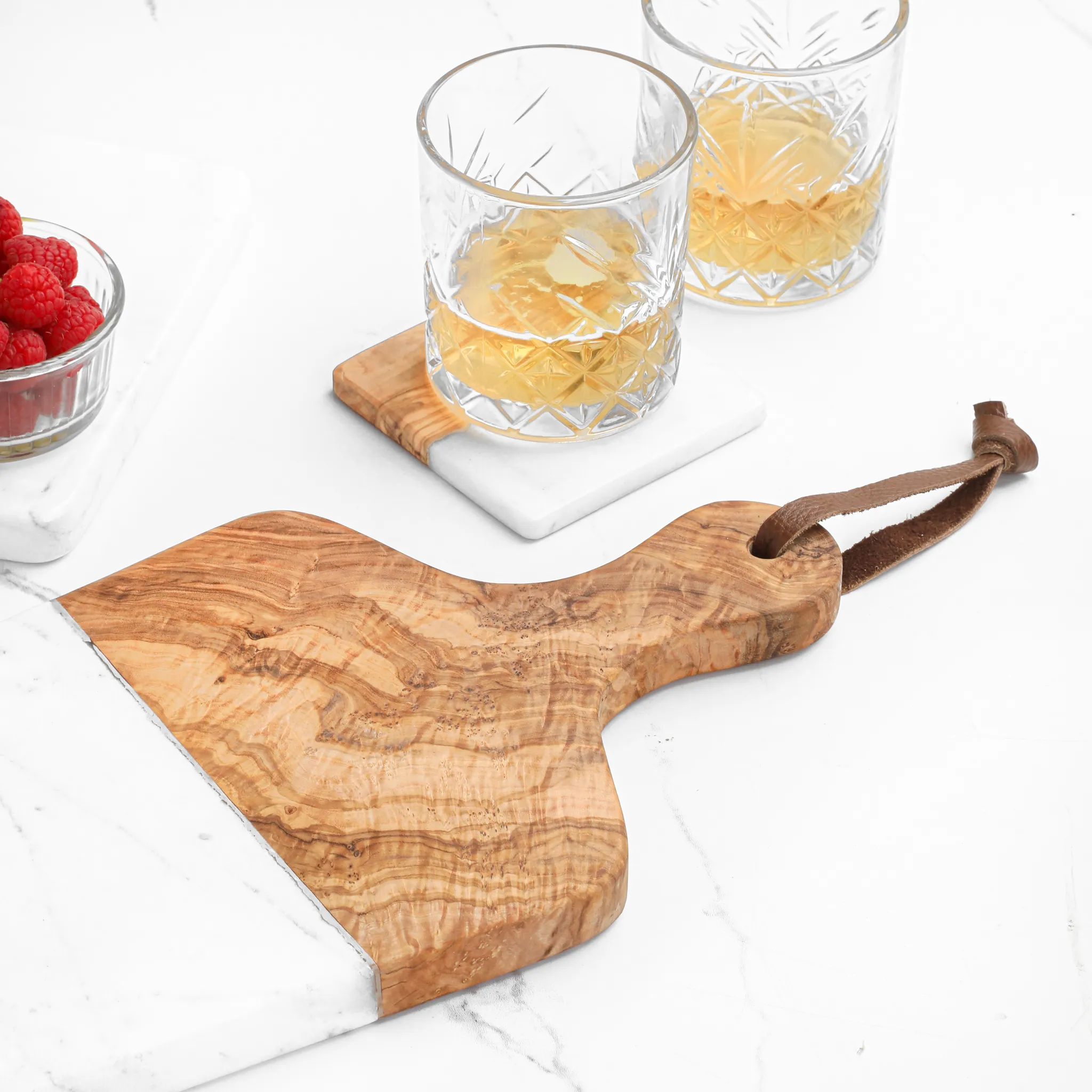 olive wood white marble and wood cutting board with handle