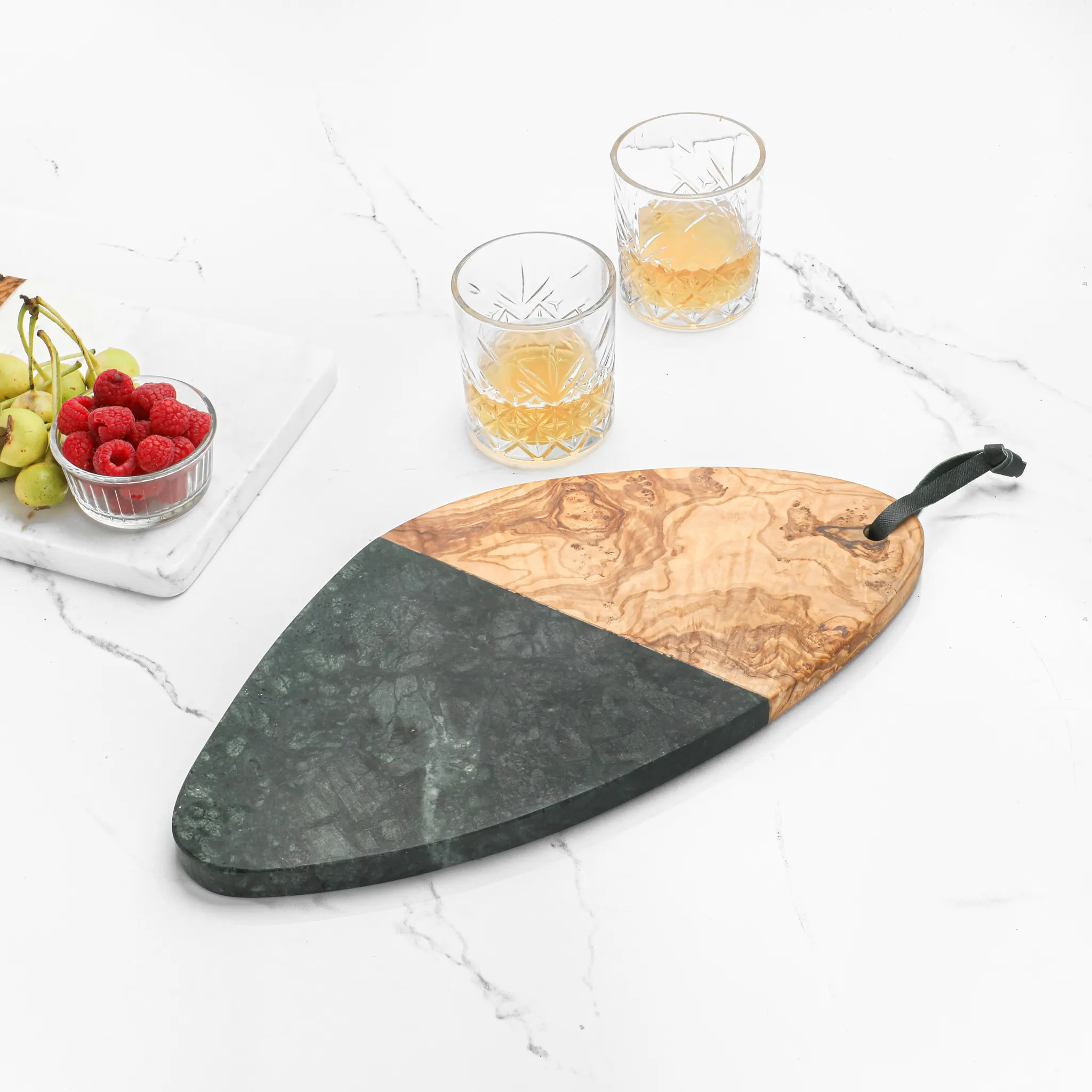 olive wood charcoal marble and wood cutting board