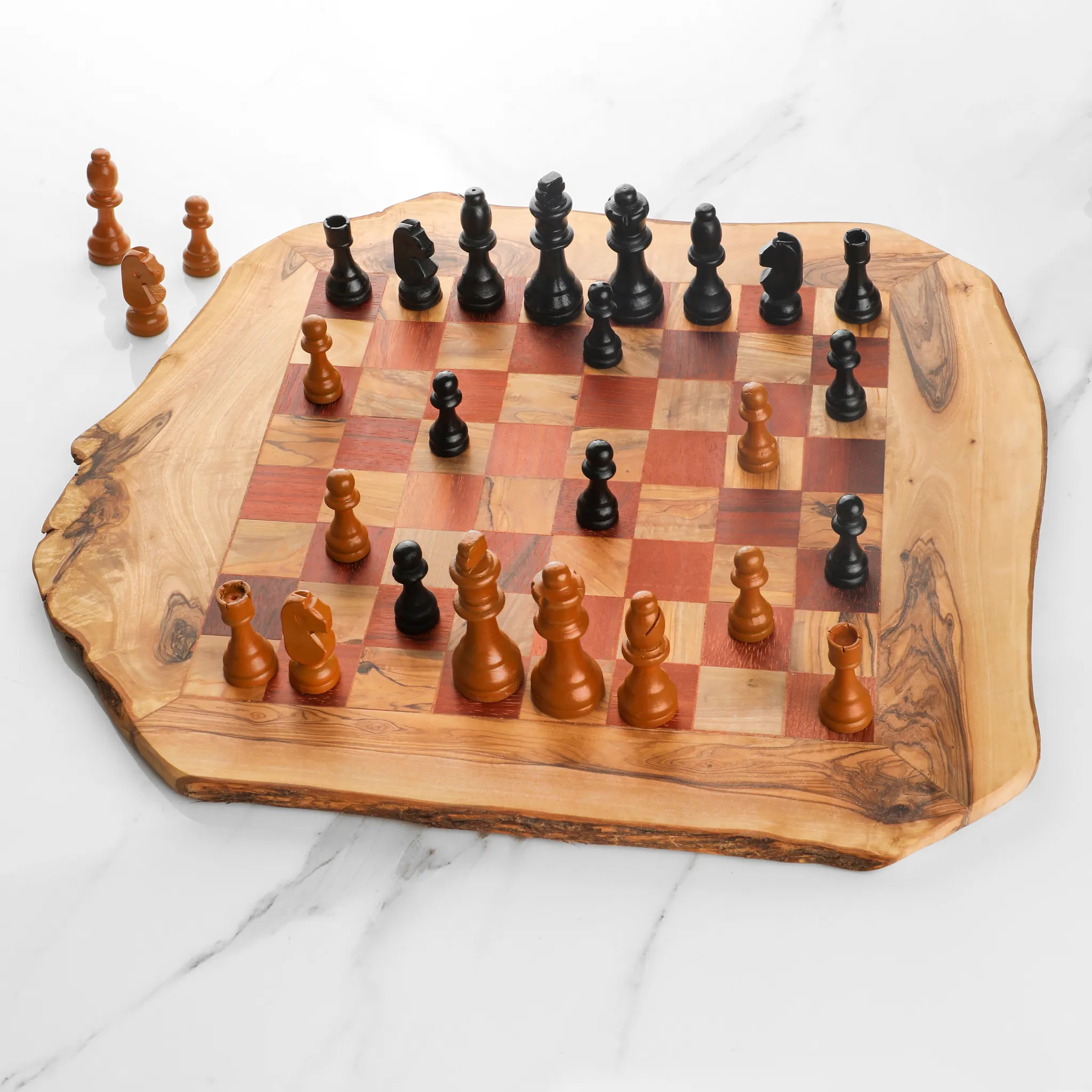 olive wood irregular shape rustic chess board (red squares)