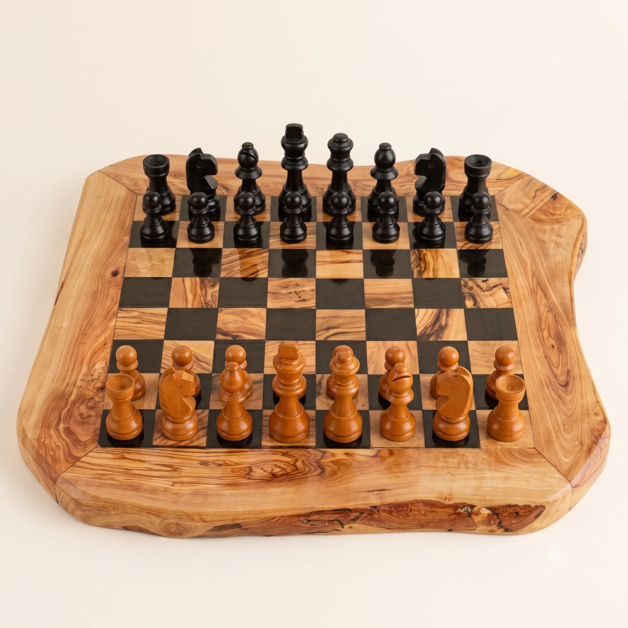 olive wood irregular shape rustic chess board with glossy resin finish