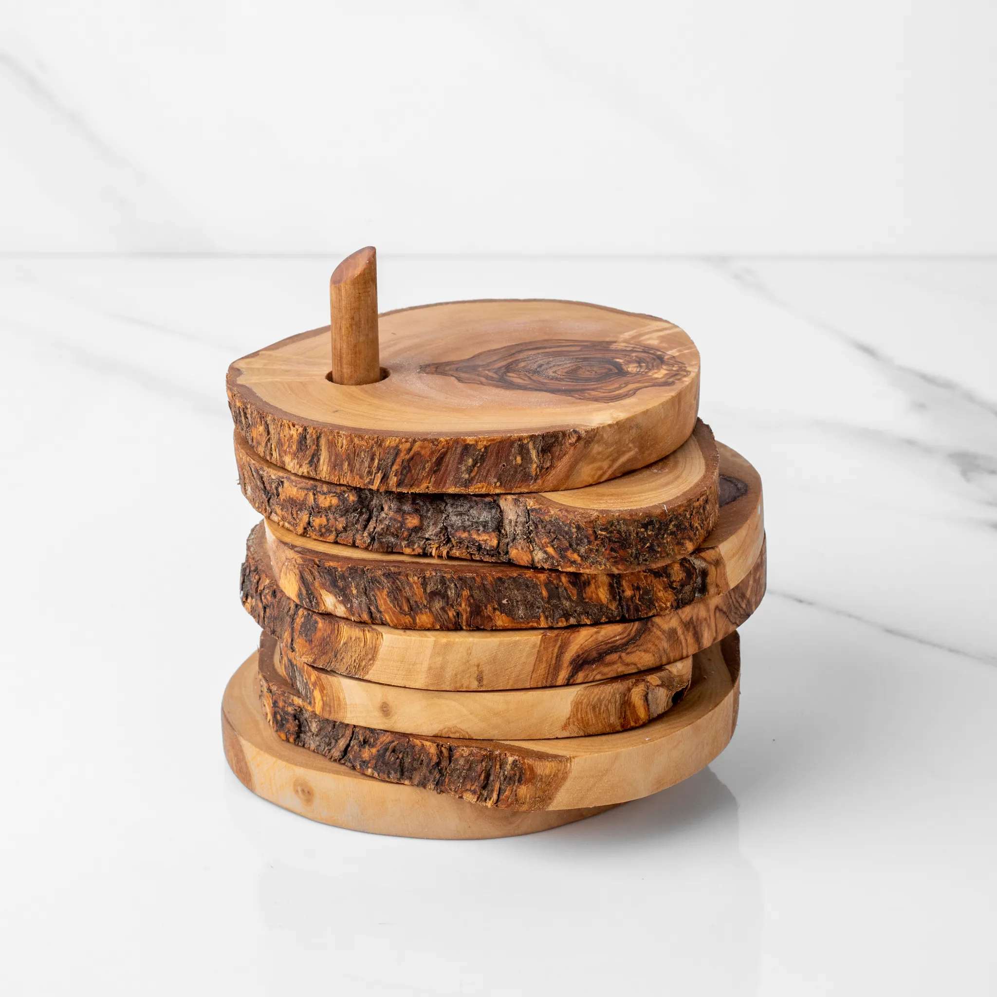 olive wood set of 6 rustic coasters with holder