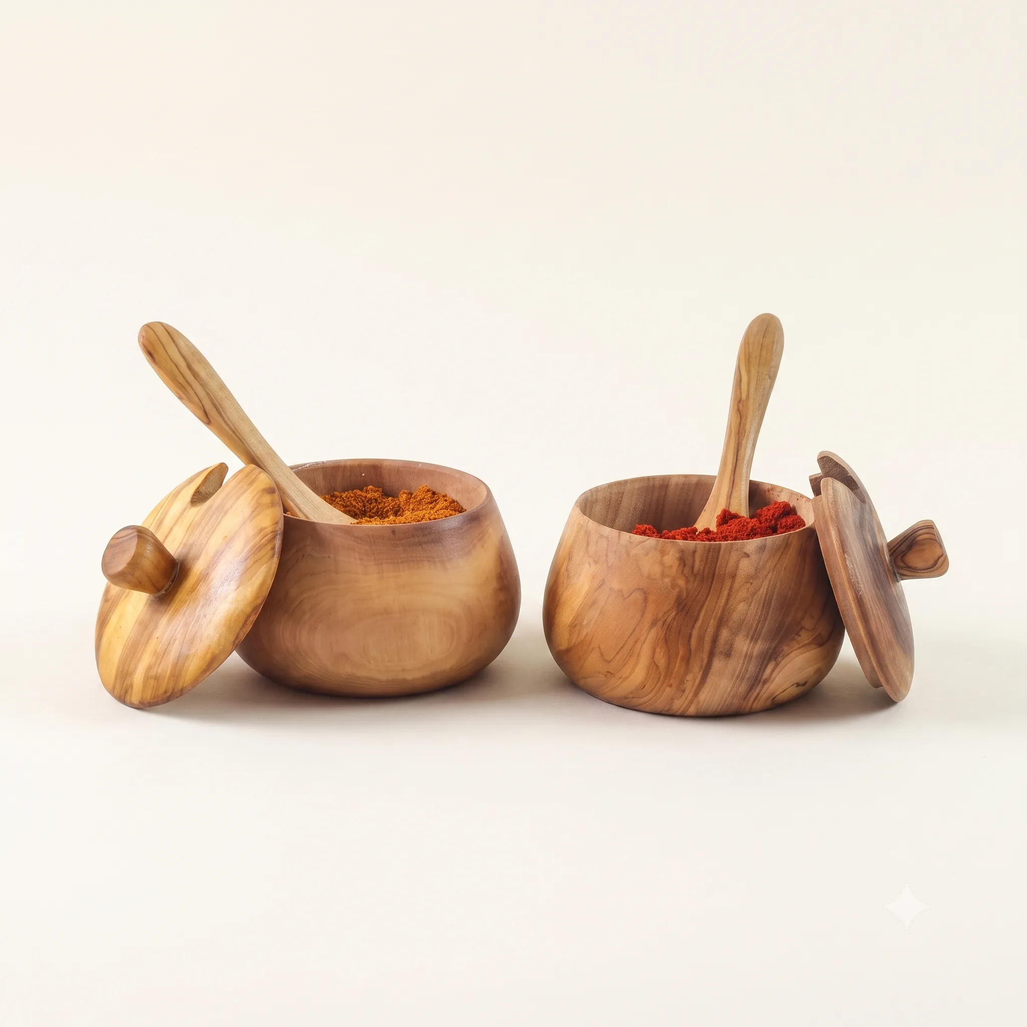 olive wood salt cellar with lift-off lid and a spoon