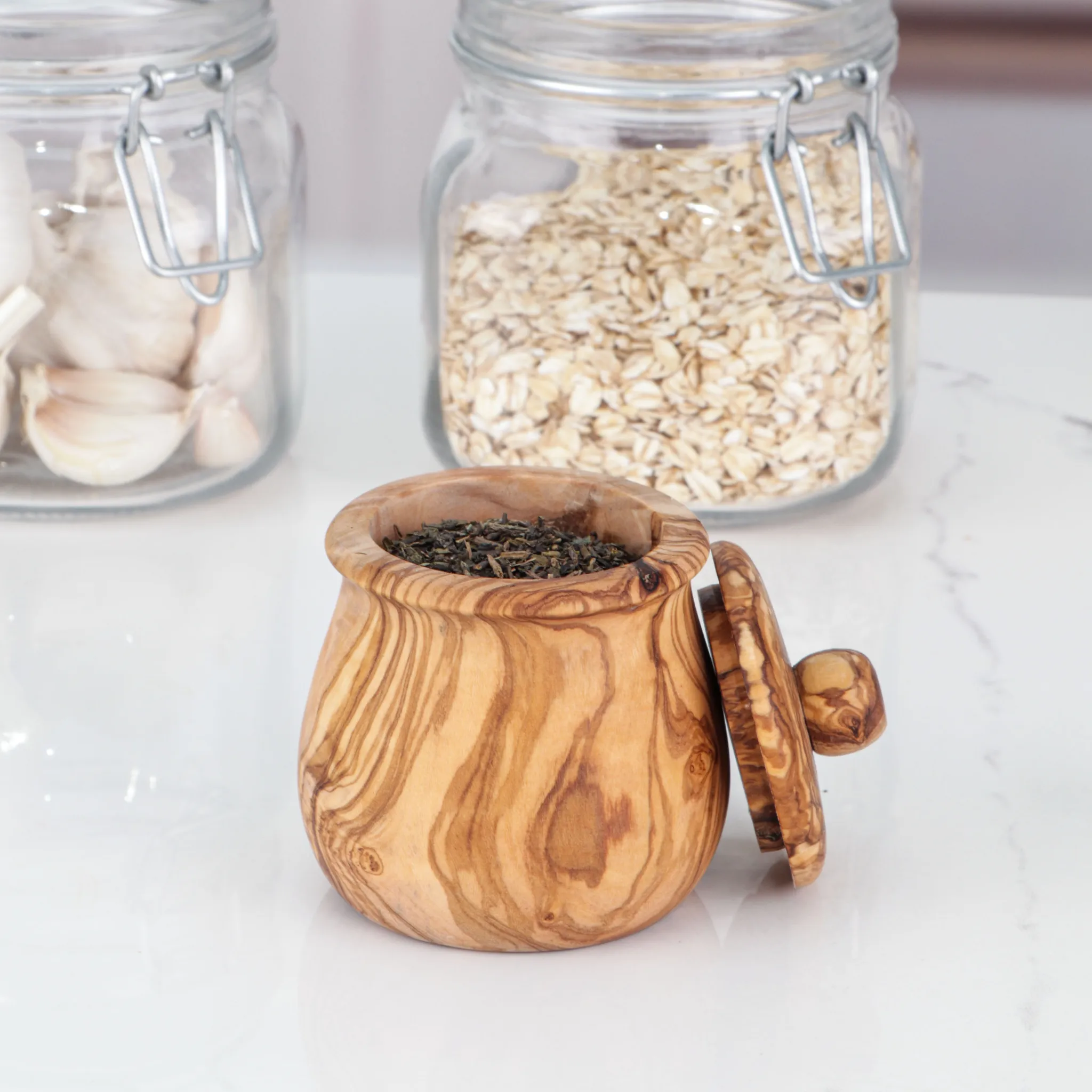 olive wood spice box with lift-off lid
