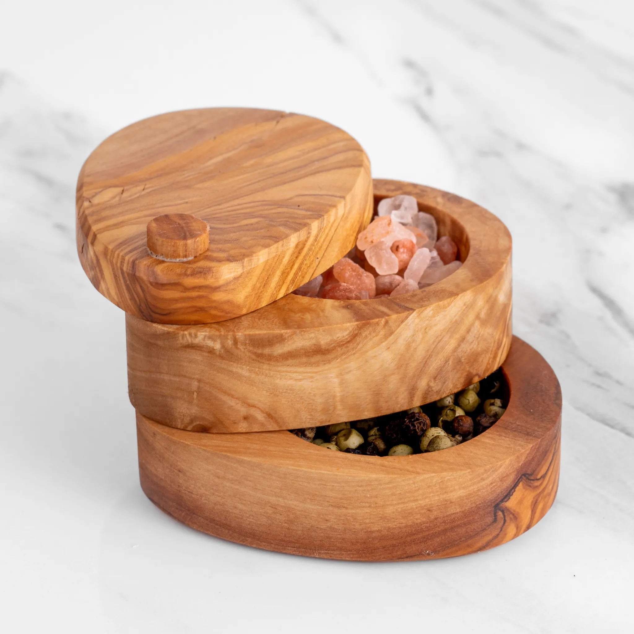 olive wood double compartment salt and pepper cellar