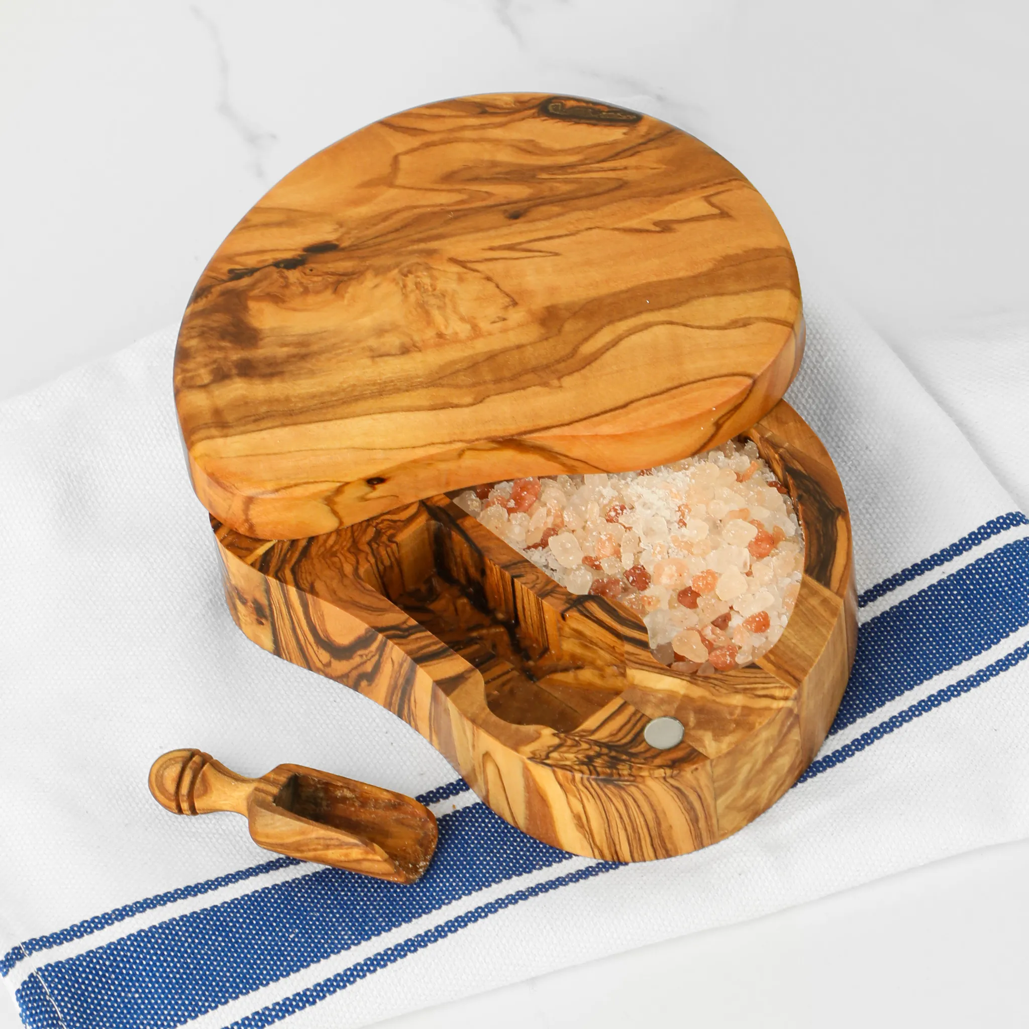 olive wood salt cellar with magnetic lid and scoop