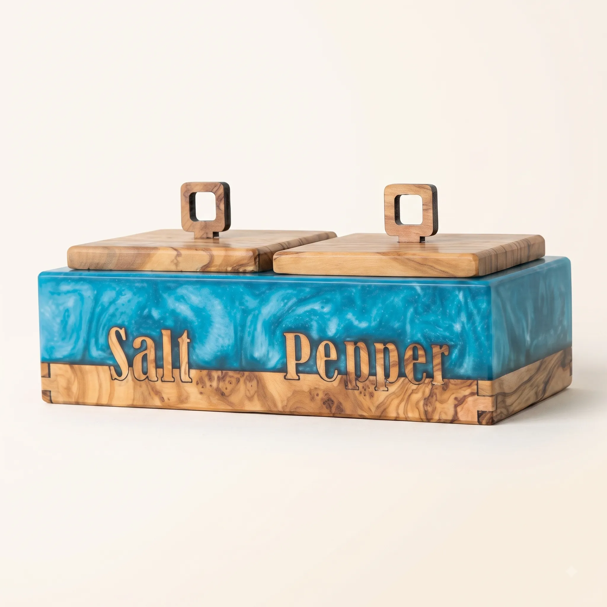 olive wood wood and blue resin salt and pepper box