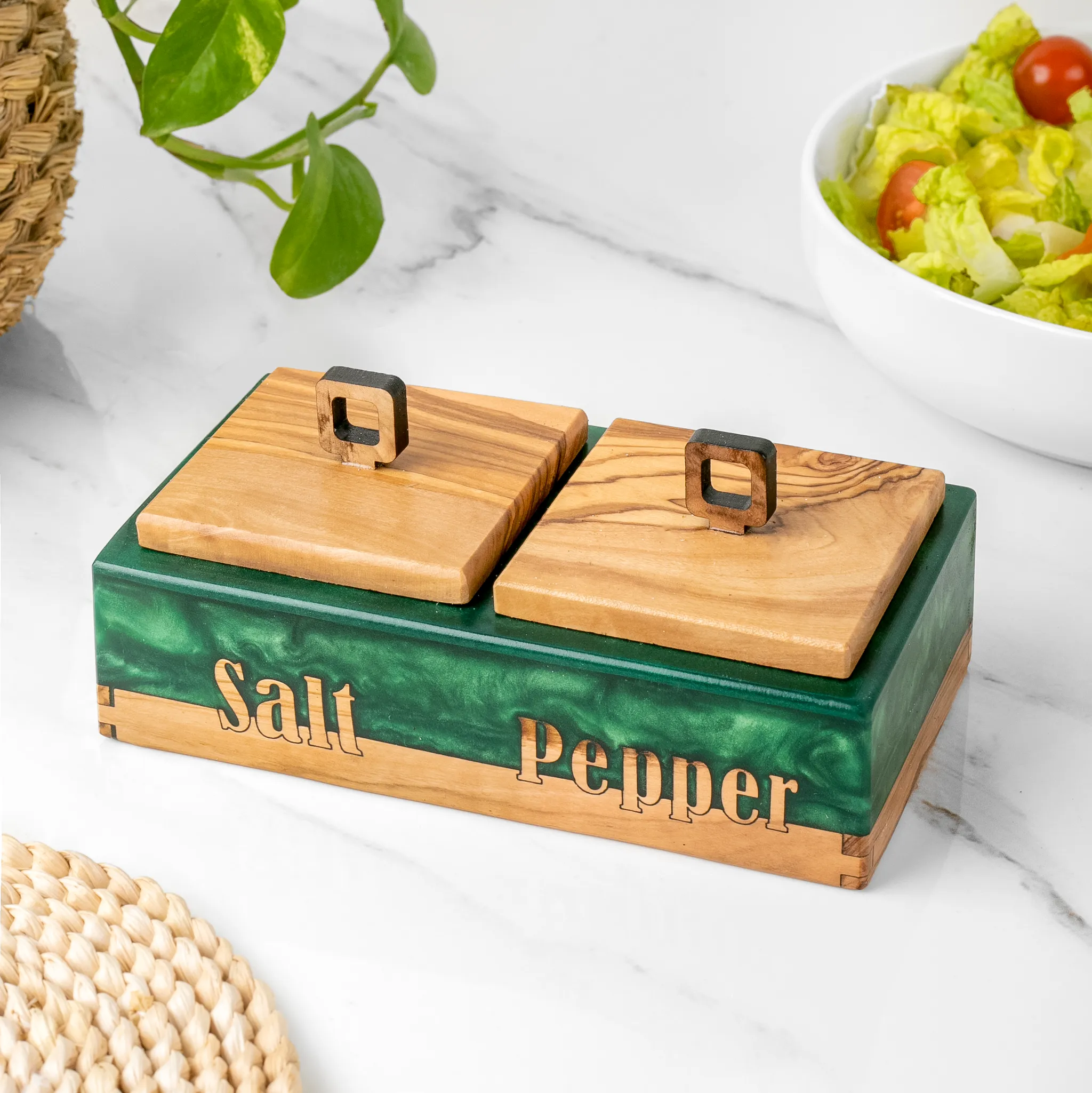 olive wood wood and green resin salt and pepper box